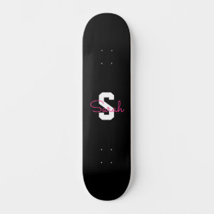 Cute Name & Monogram   Black White & Pink Skateboard