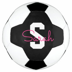 Cute Name & Monogram Black White & Pink Soccer Ball
