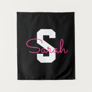 Cute Name & Monogram Black White & Pink Tapestry