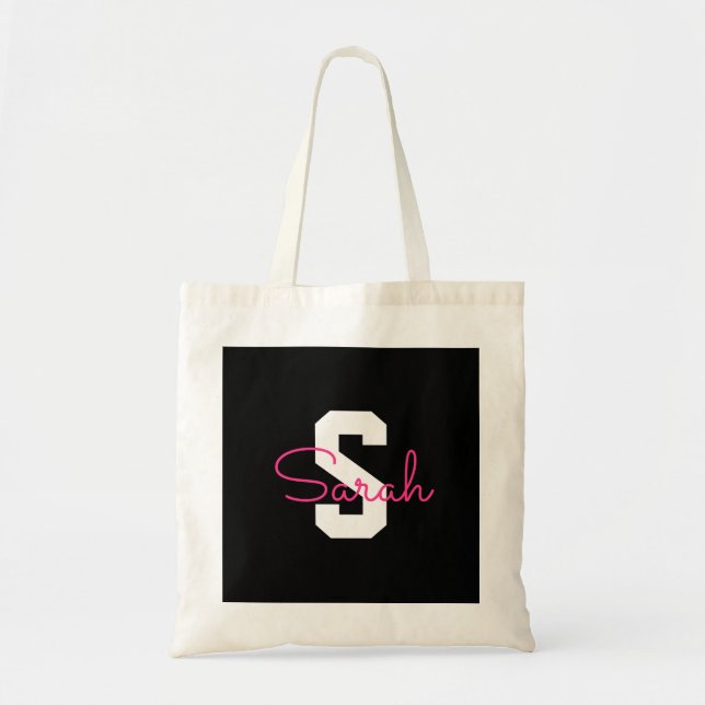 Cute Name & Monogram | Black White & Pink Tote Bag (Front)
