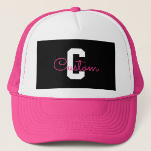 Cute Name & Monogram Black White & Pink Trucker Hat