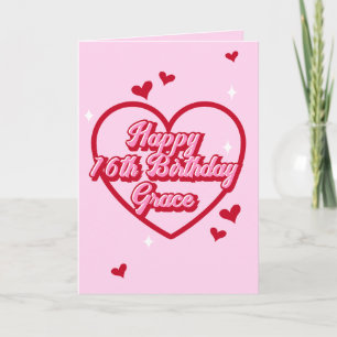 Cute Name Pink Retro Heart Girly 16th Birthday Card