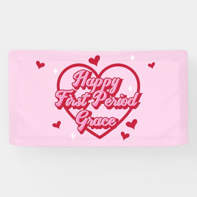 Cute Name Pink Retro Heart Happy First Period Banner (Horizontal)