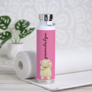 Cute Named Pink  w/ Cream Coloured Teddy Bear Water Bottle