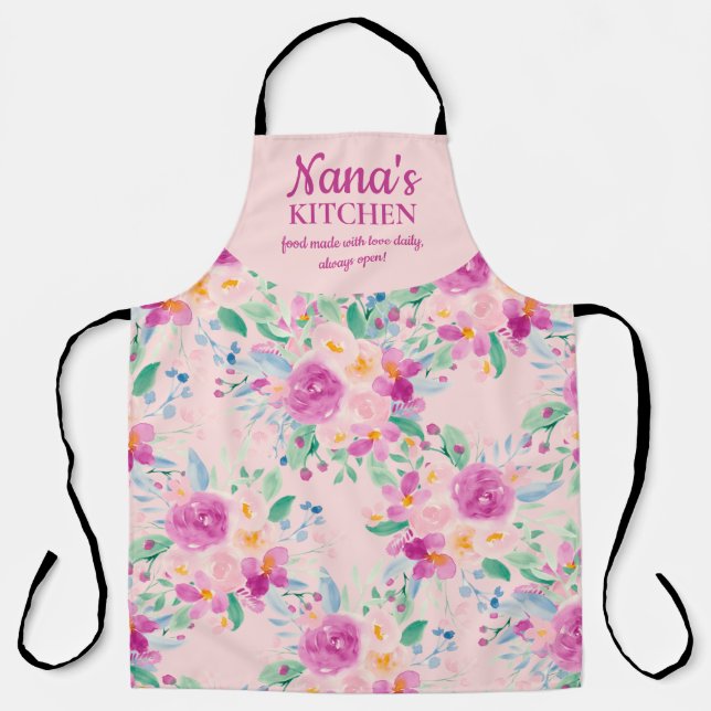 Cute nana's kitchen pink floral watercolor apron (Front)