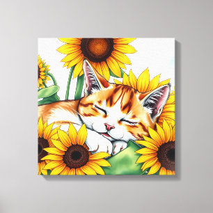 Cute Napping Kitten and Sunflowers Canvas Print