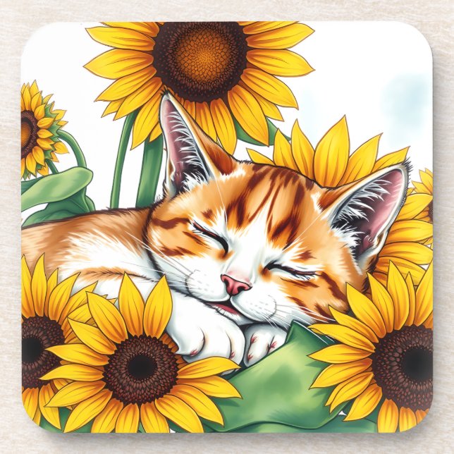 Cute Napping Kitten and Sunflowers Coaster (Front)