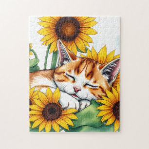 Cute Napping Kitten and Sunflowers Jigsaw Puzzle