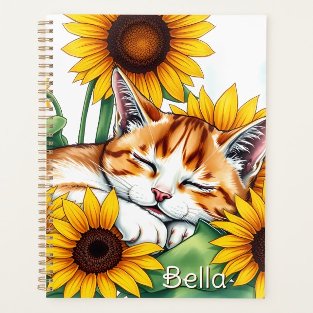 Cute Napping Kitten and Sunflowers Personalized (Devant)