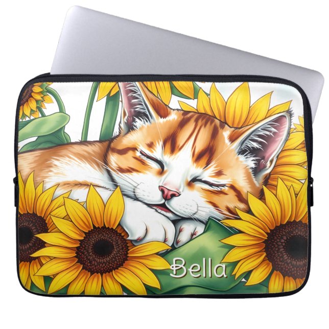 Cute Napping Kitten and Sunflowers Personalized Laptop Sleeve (Front)