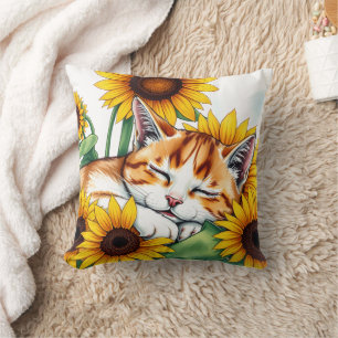 Cute Napping Kitten and Sunflowers Throw Pillow