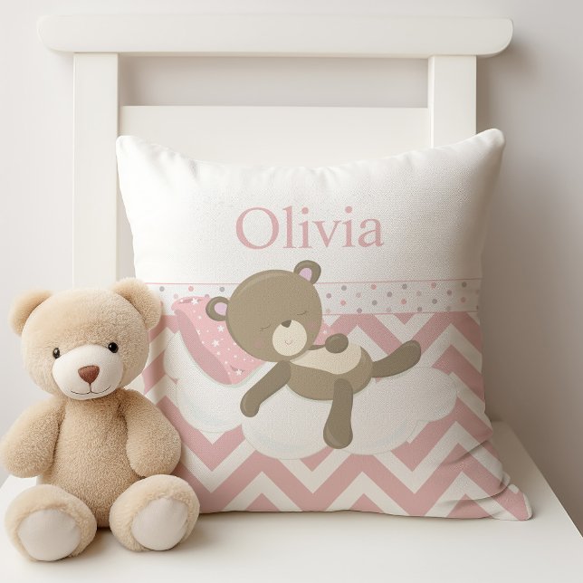 Cute Napping Teddy Bear with Custom Monogram Throw Pillow (Personalize with baby's name.)