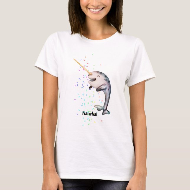 Cute Narhwal Gift Add Name Watercolor Illustration T-Shirt (Front)