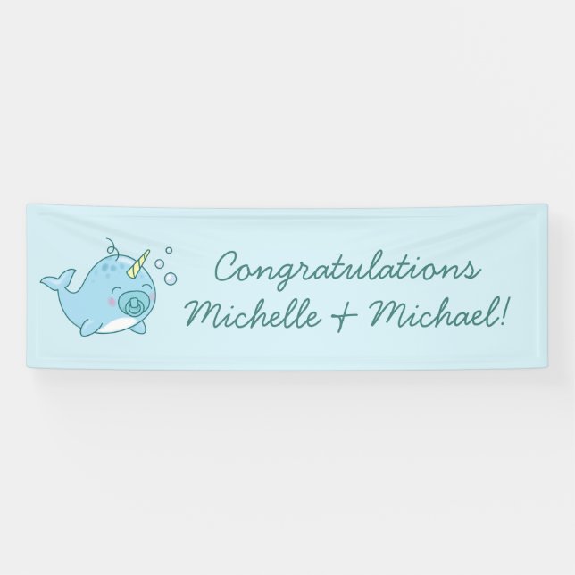 Cute Narwhal Baby Shower Kawaii Blue Boy Banner (Horizontal)