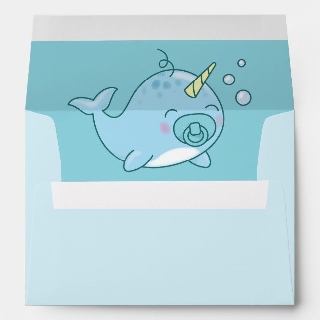 Cute Narwhal Baby Shower Kawaii Blue Boy Envelope (Back (Bottom))