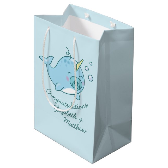Cute Narwhal Baby Shower Kawaii Blue Boy Medium Gift Bag (Back Angled)