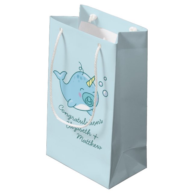 Cute Narwhal Baby Shower Kawaii Blue Boy Small Gift Bag (Back Angled)
