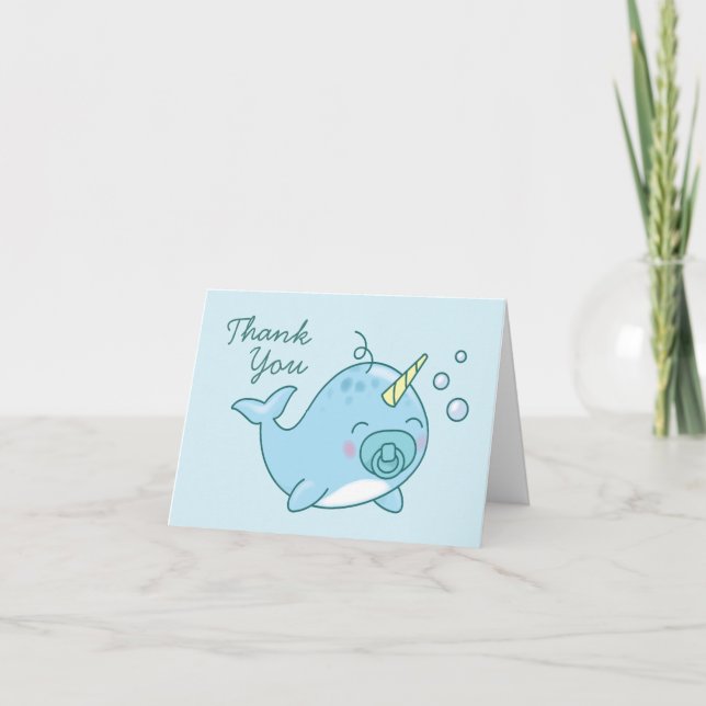Cute Narwhal Baby Shower Kawaii Thank You Blue Boy (Front)