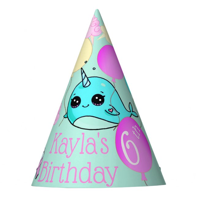 Cute Narwhal Birthday Party Favour Hat Personalize (Front)