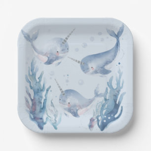 Cute Narwhal fish Pattern Watercolor Under the Sea Paper Plate