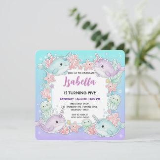 Cute Narwhal fish Pattern Watercolor Under the Sea Save The Date
