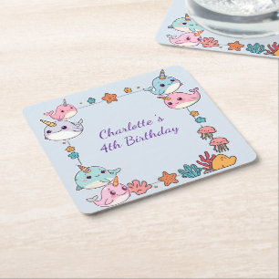 Cute Narwhal fish Pattern Watercolor Under the Sea Square Paper Coaster
