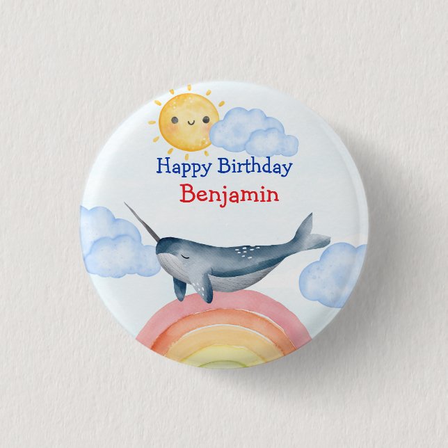 Cute narwhal fish unicorn Birthday Party 1 Inch Round Button (Front)