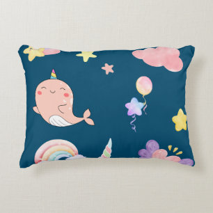 Cute Narwhal Fish Unicorn Rainbow sea Birthday  Accent Pillow