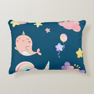 Cute Narwhal Fish Unicorn Rainbow sea Birthday Accent Pillow