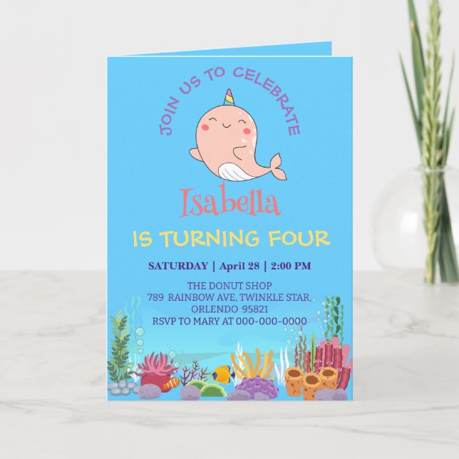 Cute Narwhal Fish Unicorn Rainbow sea Birthday  Invitation (Front)