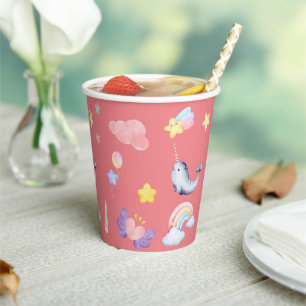 Cute Narwhal Fish Unicorn Rainbow sea Birthday  Paper Cups