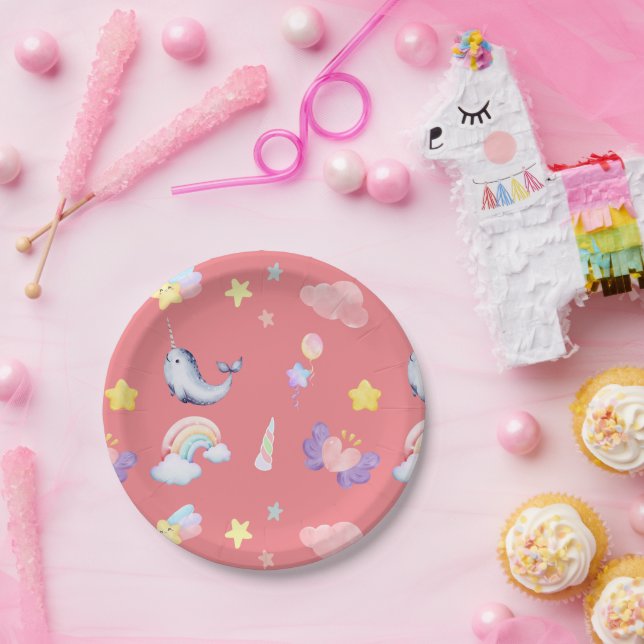Cute Narwhal Fish Unicorn Rainbow sea Birthday  Paper Plate (Party)