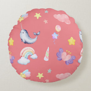 Cute Narwhal Fish Unicorn Rainbow sea Birthday  Round Pillow