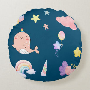 Cute Narwhal Fish Unicorn Rainbow sea Birthday Round Pillow