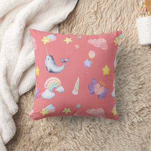 Cute Narwhal Fish Unicorn Rainbow sea Birthday  Throw Pillow