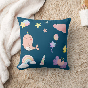 Cute Narwhal Fish Unicorn Rainbow sea Birthday  Throw Pillow