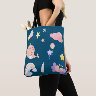 Cute Narwhal Fish Unicorn Rainbow sea Birthday  Tote Bag