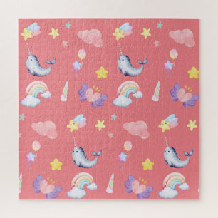 Cute Narwhal Fish Unicorn Rainbow sea girl Pattern Jigsaw Puzzle