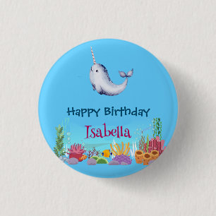 Cute Narwhal Fish Unicorn Whale sea Birthday  1 Inch Round Button