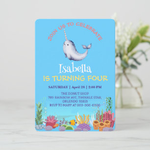 Cute Narwhal Fish Unicorn Whale sea Birthday  Invitation
