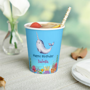 Cute Narwhal Fish Unicorn Whale sea Birthday  Paper Cups