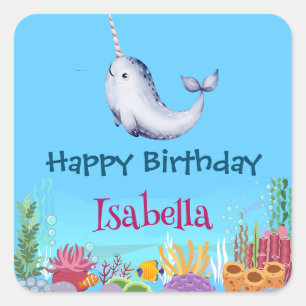 Cute Narwhal Fish Unicorn Whale sea Birthday Square Sticker
