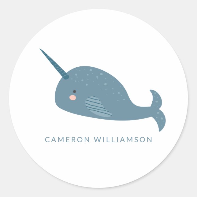 Cute Narwhal in Blue Personalized   Classic Round Sticker (Front)