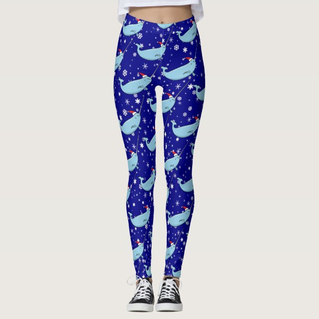 Cute Narwhal in Santa Hat Pattern Leggings (Front)