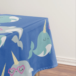Cute Narwhal Whimsical Cartoon Pattern in Blue Tablecloth
