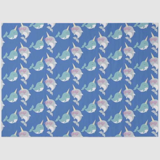 Cute Narwhal Whimsical Cartoon Pattern in Blue Tissue Paper (Front)