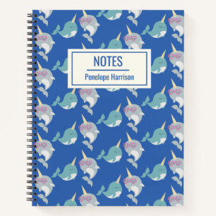Cute Narwhal Whimsical Pattern Blue Personalized Notebook