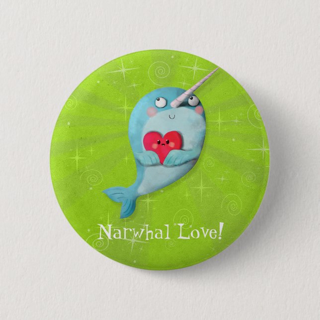 Cute Narwhal with Heart 2 Inch Round Button (Front)