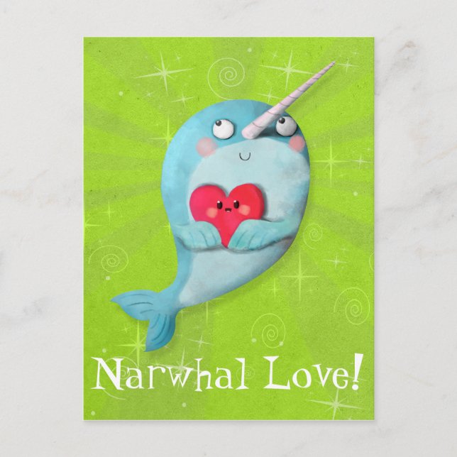 Cute Narwhal with Heart Postcard (Front)