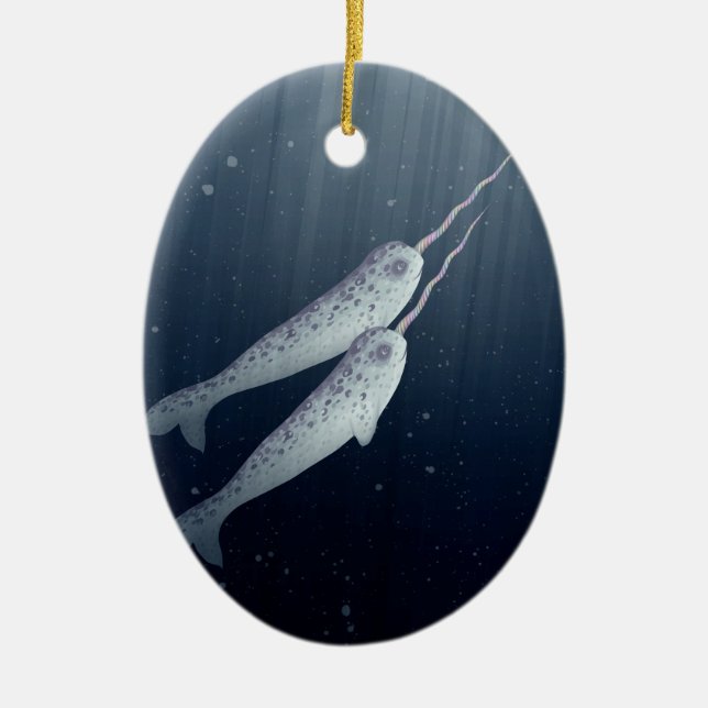 Cute Narwhals Swimming Together Underwater Ceramic Ornament (Front)